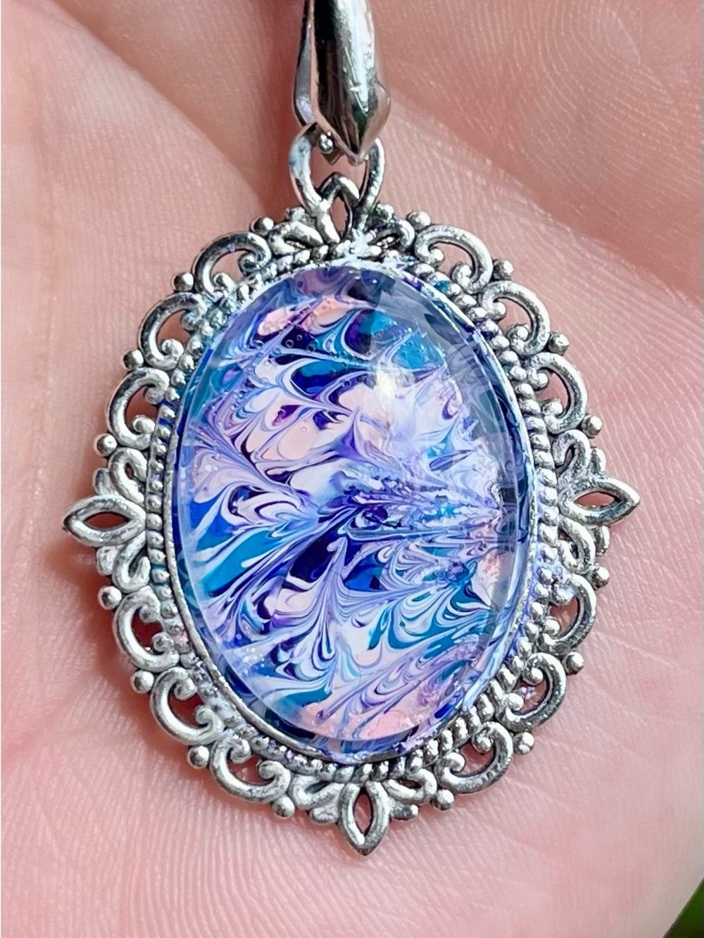 Handmade Silver Filigree Pendant Necklace Purple Blue pink white Swirl Cabochon